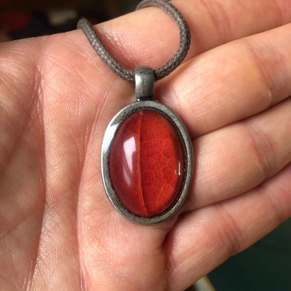 Autumn Red Maple Leaf Glass Pendant Necklace